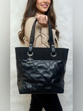 Chanel Paris Biarritz PM Matelassé Leather Black Tote Bag W/B/D